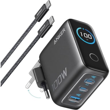 Chargeur secteur ANKER 1A2C 100 W 3 ports USB-C USB-A affichage numérique Noir