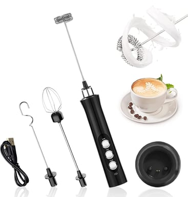Mousseur à Lait Électrique Rechargeable USB avec Mini Fouet Electrique avec 3 Vitesses Réglable noir