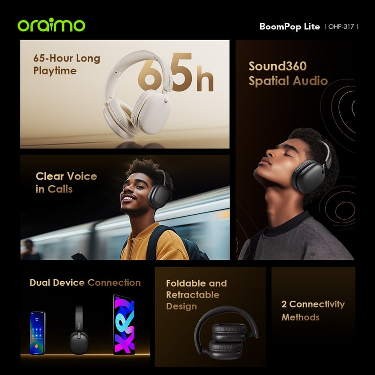 Casque oraimo BoomPop Lite – Bluetooth Pliable, 65h Autonomie, Sound360 - vue 8
