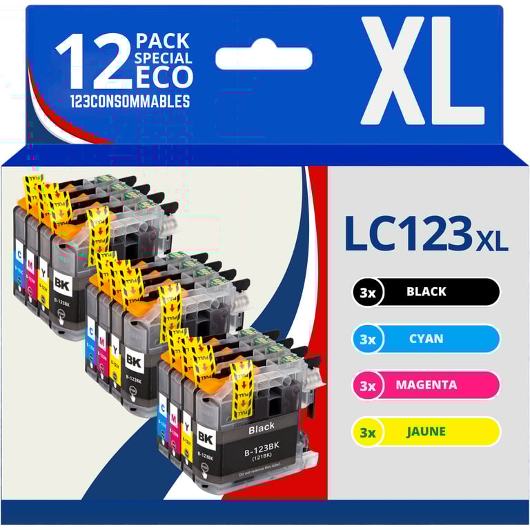 123CONSOMMABLES LC123 Pack 4 Cartouches Compatibles avec Brother LC123XL pour Imprimante DCP J132W J152W J172W J552DW J752DW J4110DW MFC J245 J6520DW J6720DW 1 / 1 Cyan / 1 / 1 Jaune Neuf - vue 3