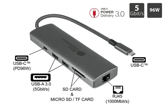 Alcasa HUB-C001A hub & concentrateur USB Type-C 5000 Mbit/s Anthracite