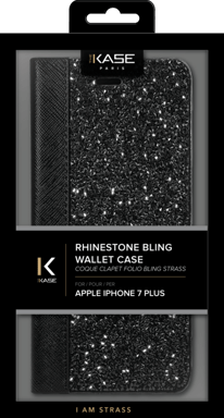 Cover a libro Bling Strass per Apple iPhone 6 Plus/6s Plus/ 7 Plus/8 Plus, Mezzanotte Nera