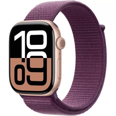 Apple Watch Series 10 GPS + Cellular, Cassa Oro Rosa 46mm, Cinturino in Tessuto Prugna