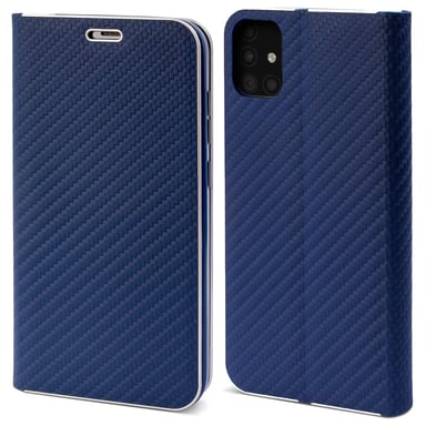 Moozy Étui Portefeuille pour Samsung A51, Bleu Foncé Carbone - Protection des Bords Métalliques Fermeture Magnétique Flip Cover avec Porte-Cartes