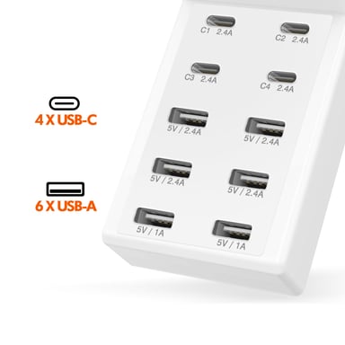 Station de Charge Multiport 4 USB-C + 6 USB 50W Câble 1m Compact Blanc