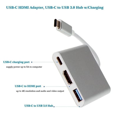 Adaptateur multiport USB-C pour USB, USB-C (USB PD), compatible 4K HDMI, Argent