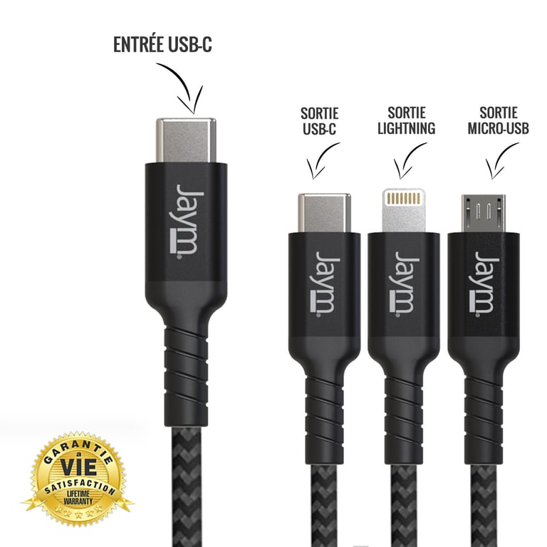 Jaym - Cable Premium 1,5 m - USB-C vers 3 Sorties : Lightning Type-C et  Micro USB - Garanti à Vie - Ultra renforcé - Longueur 1,5 mètres - Jaym