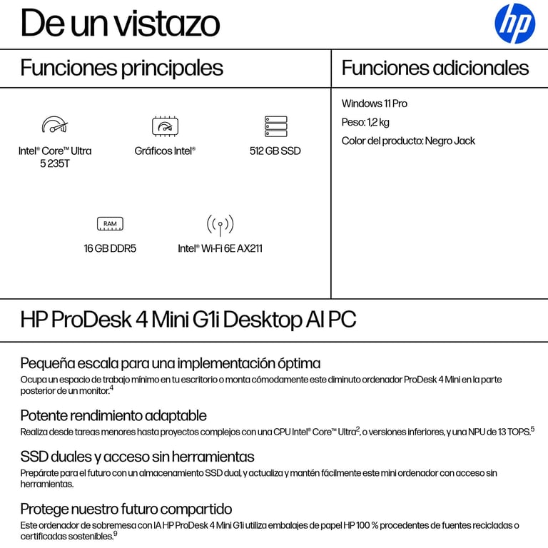 HP ProDesk 4 G1i AI PC Intel Core Ultra 5 DDR5 SDRAM SSD Windows 11 Pro Mini PC Neuf - vue 3