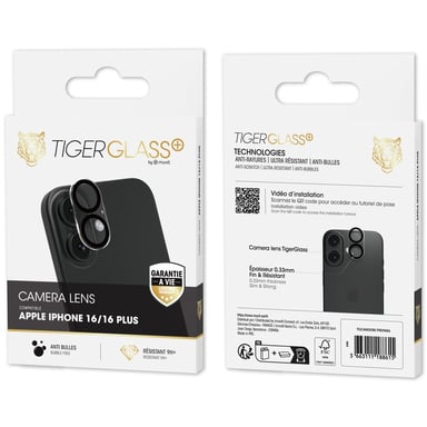 TIGER GLASS PLUS CAMERA LENS iPhone 16/16 Plus - Protection objectif photo - Verre Ultra résistant 9H+