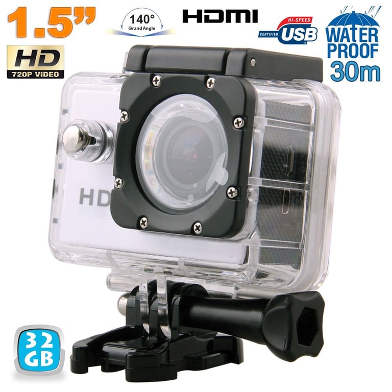 Mini Caméra Sport HD 720P Étanche 30M 1.5' Photos Vidéo Angle 140° Argent 32 Go YONIS