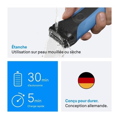 Rasoir électrique BRAUN Series 3 - Bleu et noir - Autonomie 30 minutes - Charge rapide 5 minutes