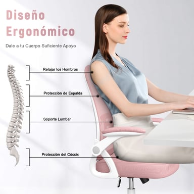 Silla de escritorio ergonómica con reposabrazos abatible 90° y soporte lumbar, silla de oficina con asiento acolchado-Rosa