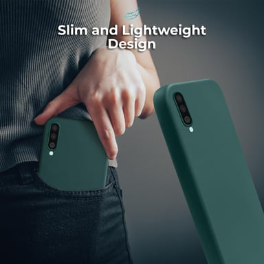 Moozy Lifestyle. Coque en silicone pour Samsung A50, vert foncé – Coque légère en silicone liquide avec finition mate et doublure en microfibre douce, coque en silicone de qualité supérieure