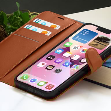 Zanaé Funda tipo cartera para iPhone 13 Mini con soporte y lengüeta magnética Marrón