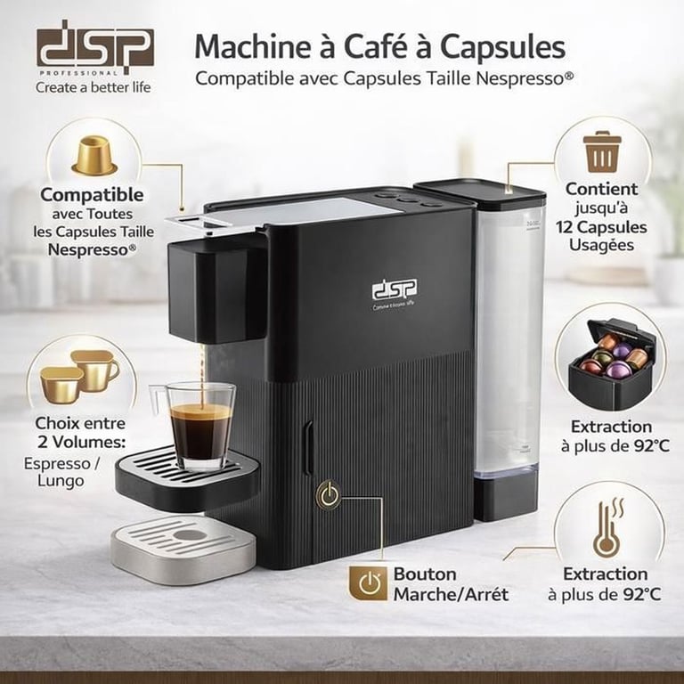 Machine À Café Capsules Dsp Ka3148 Compatible Nespresso 20 Bar Réservoir 660 Ml - vue 4