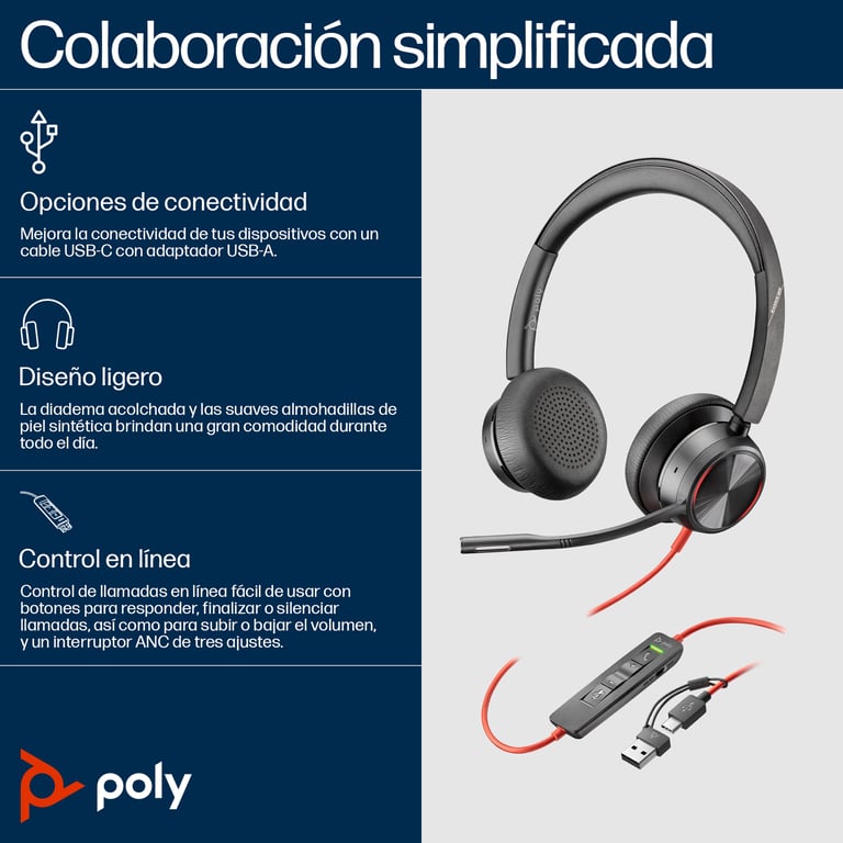 POLY Micro casque Blackwire 8225 stéréo USB C + adaptateur USB CA Neuf - vue 2