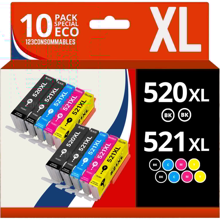 123CONSOMMABLES PGI 520 CLI 521 Cartouches d'encre compatibles pour Canon Pixma IP3600 IP4600 IP4600X IP4700 MP540 MP550 MP560 MP620 MP630 MP640 MP640R MP980 MP990 MX860 MX870 Lot de 10 Neuf