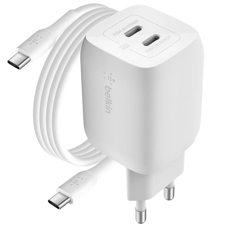 Belkin Dual USB-C Charger 65W, cavo USB C-C incluso, ricarica rapida Power Delivery 3.0 con tecnologia GaN per iPhone 13, 12, Pro, Pro Max, Mini, iPad Pro, MacBook, Galaxy, Tab, ecc. - nuovo