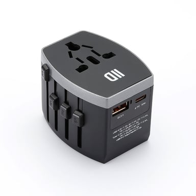 Adaptador de viaje universal multipaís con 1 puerto USB A + 1 puerto USB-C - carga rápida 30W - tipo de enchufe UK/US/AU/EU.