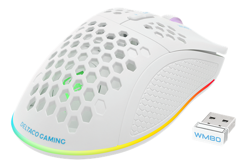 DELTACO GAMING - WHITE LINE WM80 - Mouse ottico da gioco senza fili 4800 DPI, 1000 Hz, ultra leggero, RGB, 7 pulsanti