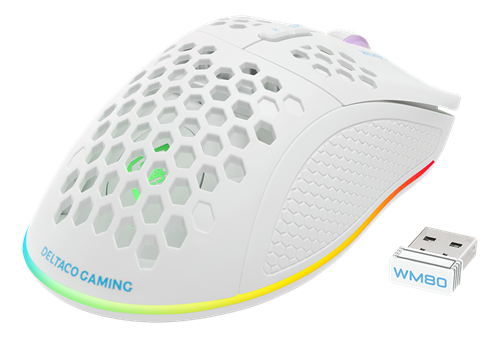 DELTACO GAMING - WHITE LINE WM80 - Souris gaming optique Sans fil 4800 DPI, 1000 Hz, Ultra légère, RGB, 7 boutons