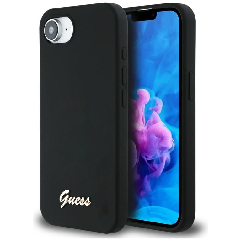 Guess Étui Silicone Script Metal Logo MagSafe pour iPhone 16e