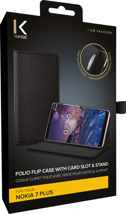 Funda tipo concha con ranura para tarjetas y soporte para Nokia 7 Plus, Negro