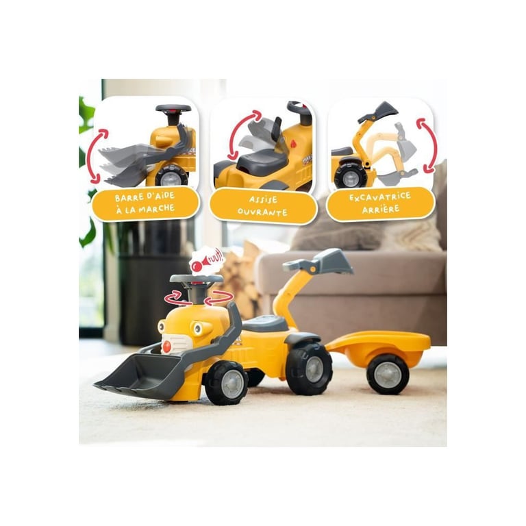 Falk Porteur Chantier Marcel - Pelle frontale excavatrice - Jaune - Fabriqué en France - 90% de plastique recyclé - Dès 12 mois - vue 5