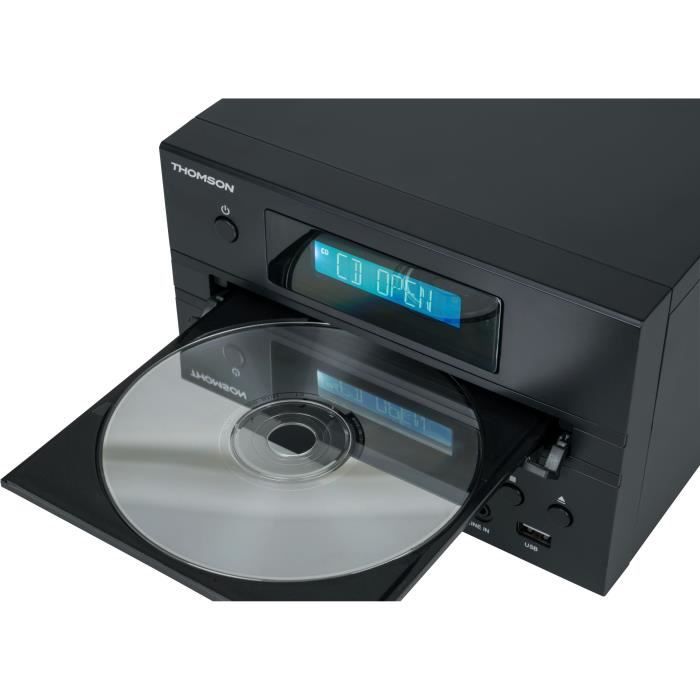 Micro-chaîne Bluetooth - THOMSON - Bois/Noir - Radio FM/CD/MP3/USB, 20W RMS, Tuner FM RDS, Prise casque, Télécommande, Alim. 230V - Neuf