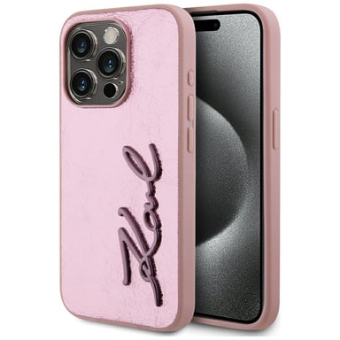 Custodia Karl Lagerfeld Wrinkled Metal Signature per iPhone 15 Pro rosa