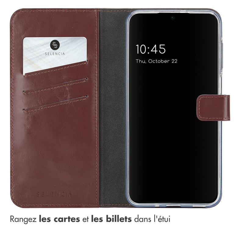 Selencia Étui portefeuille en cuir véritable pour Samsung Galaxy A16 - Marron foncé - Neuf