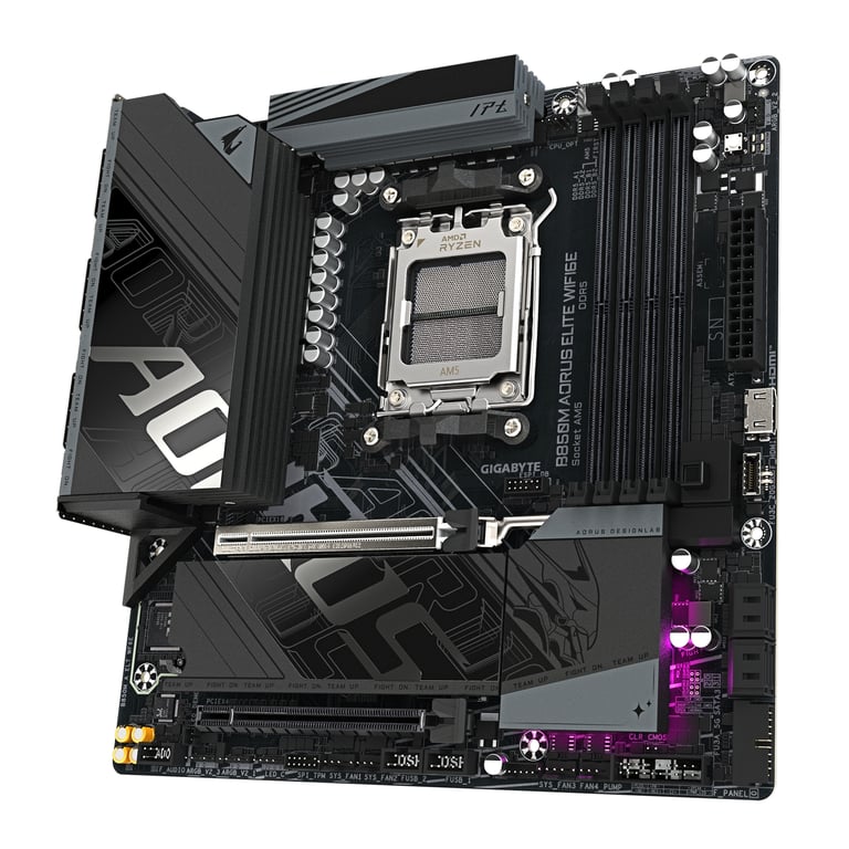 GIGABYTE B850M AORUS ELITE WIFI6E Carte mère Processeurs AMD Ryzen série 9000 VRM numérique 12+2+2 phases jusqu'à 8200 MHz DDR5 O.C. 1x .2 PCIe 5.0 + 1x .2 PCIe 4.0 Wi Fi 6E LAN 2.5 GbE USB 3.2 Gen 2 Neuf - vue 3