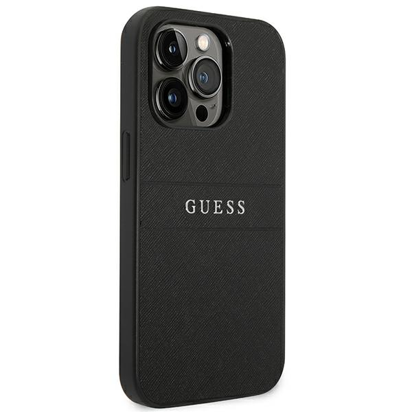 Guess Saffiano Metal Logo Stripes Coque iPhone 14 Pro (Noir) - 3666339088606 Blanc - vue 3