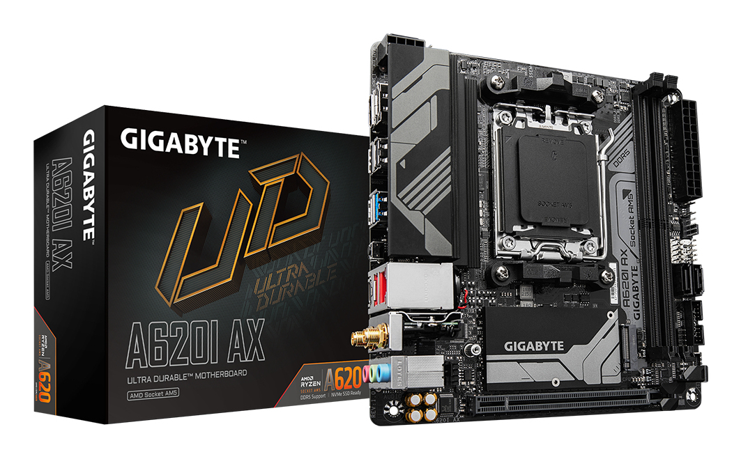 GIGABYTE A620I AX Carte Mère Prend en charge les processeurs AMD Ryzen 8000 VRM numérique 5+2+1 phases jusqu'à 6400MHz DDR5 OC 1xPCIe 4.0 .2 Wi Fi 6E LAN 2.5GbE USB 3.2 Gen 2 Neuf