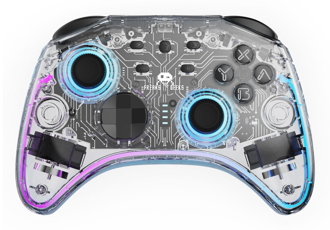 Freaks And Geeks Manette Switch 1&2 - PC Polychroma Sans fil Transparente LED