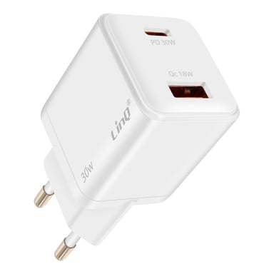 Chargeur USB-C Power Delivery 30W + USB 18W Quick Charge 3.0 Compact Blanc