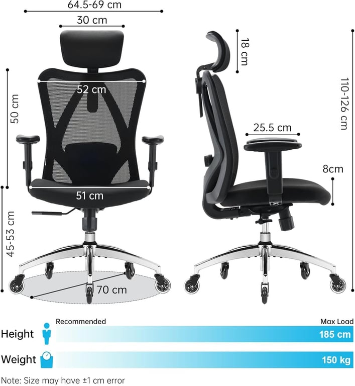 M18 Chaise ergonomique – Triple soutien lombaire avec roulettes de skateboard noires - Neuf