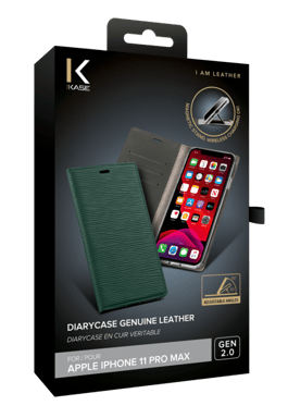 Diarycase 2.0 Funda tipo almeja de piel auténtica con soporte magnético para Apple iPhone 11 Pro Max, verde medianoche