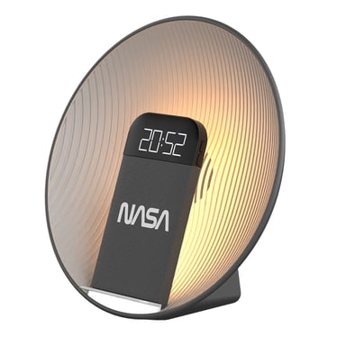 NASA Réveil SPC600 - Radio Réveil, Enceinte Bluetooth, Charge Sans Fil 15W Qi, Double Alarme, Lumière Réveil, LED, Batterie Lithium, Haut-Parleur 5W RMS - Gris