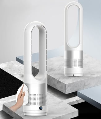 Faryuan UML-018 Ventilador de torre portátil sin aspas | Motor sin escobillas de 40 W, de 3.200 a 8.000 rpm, ventilador purificador de aire, filtro HEPA, mando a distancia con función de temporizador, Blanco