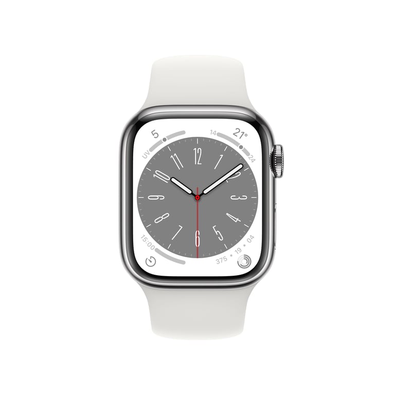 Watch Series 8 OLED 41 mm - Boîtier en Acier inoxydable Argent - GPS + Cellular - Bracelet Sport - Blanc