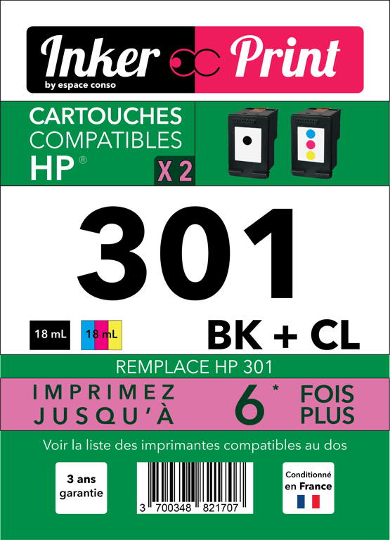 Pack de Cartouches d'encre recyclées compatibles avec HP 301 XL (Noir et Couleurs)
