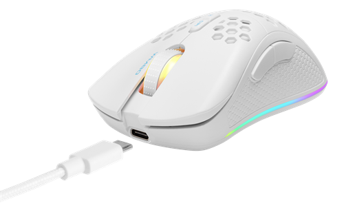 DELTACO GAMING - WHITE LINE WM80 - Mouse ottico da gioco senza fili 4800 DPI, 1000 Hz, ultra leggero, RGB, 7 pulsanti