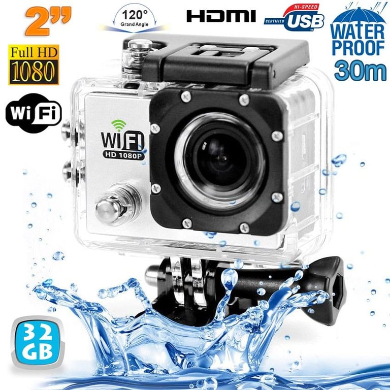 Camera Embarquée Sports Wi-Fi LCD Caisson Étanche Waterproof 12 Mp HD Blanc 32Go YONIS