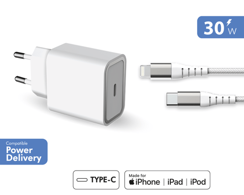 Home Charger 30W Power Delivery Garantía de por vida + Cable USB C/Lightning Blanco - 100% Plástico Reciclado Force Power Lite