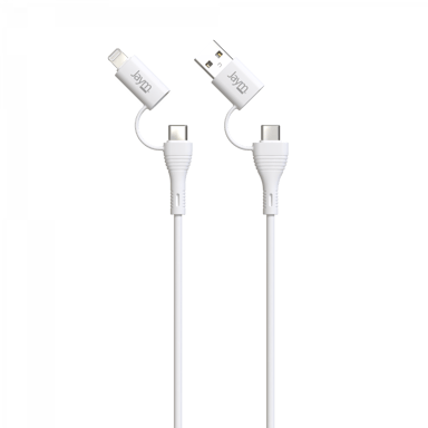 JAYM - Cable Quadriplug 4 en 1 USB-C / USB-A a USB-C y Lightning - 1 metro - Colección POP - Blanco