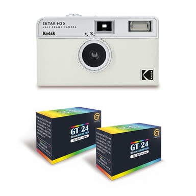 KODAK EKTAR H35 - Cámara de Medio Formato 35mm Reutilizable, Sin Enfoque, Ligera, Fácil de Usar - Blanco Roto + 2 Carretes de Película en Color 35mm, 24 Exposiciones