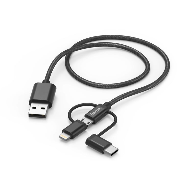 Câble micro USB 3 en 1 avec adaptateur USB Type-C et Lightning, 1