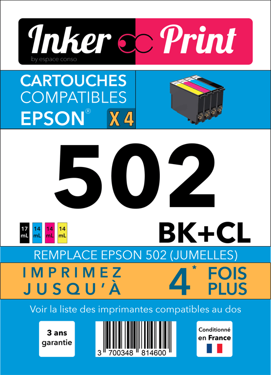 Pack de Cartouches d'encre recyclées compatibles avec EPSON 502 XL (Noir et Couleurs)