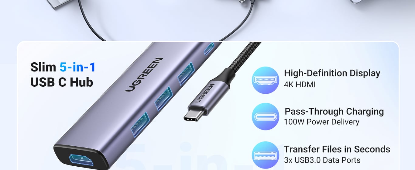 HUB 5en1 3x USB 3.2 USBC HDMI 4K 30Hz - vue 3